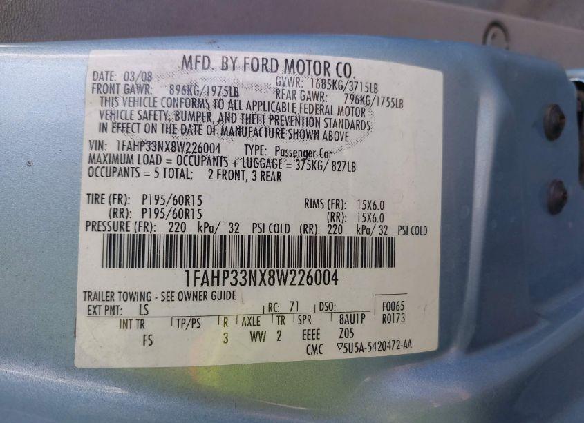 Photo 9 of 2008 Ford Focus SE/SES (VIN 1FAHP33NX8W226004)