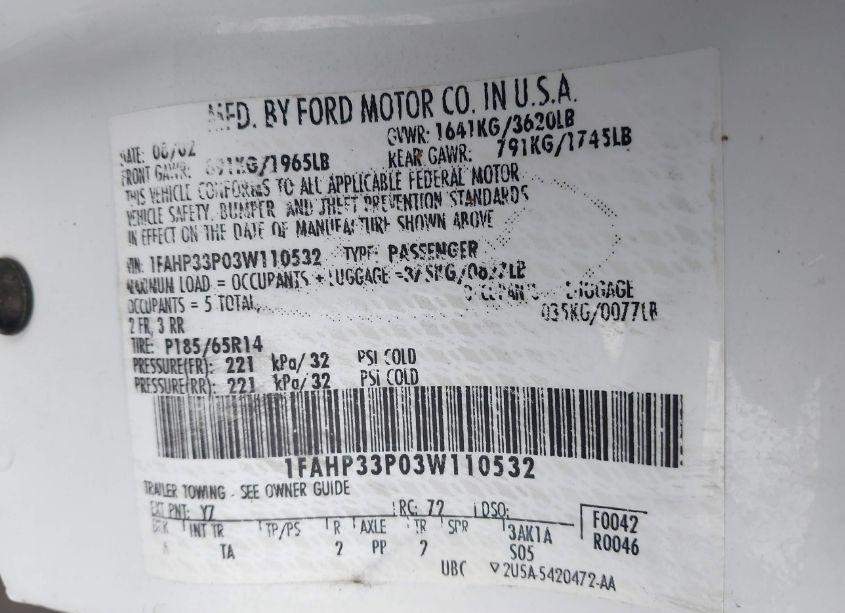 Photo 9 of 2003 Ford Focus LX (VIN 1FAHP33P03W110532)