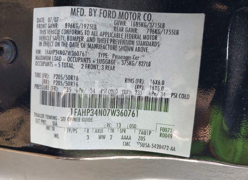 Photo 9 of 2007 Ford Focus S/SE/SES (VIN 1FAHP34N07W360761)