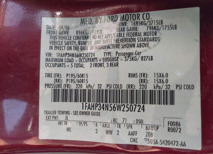 Photo 9 of 2006 Ford Focus ZX4 (VIN 1FAHP34N56W250724)