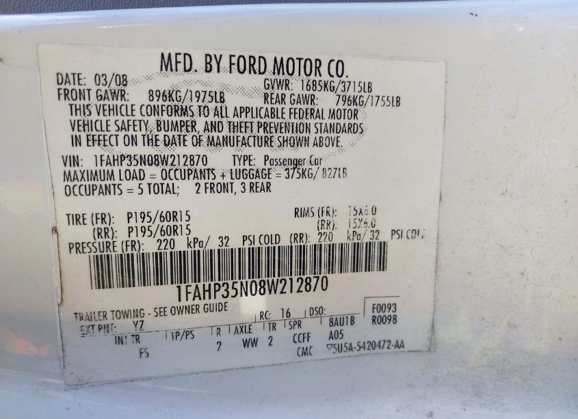 Photo 9 of 2008 Ford Focus SE/SES (VIN 1FAHP35N08W212870)
