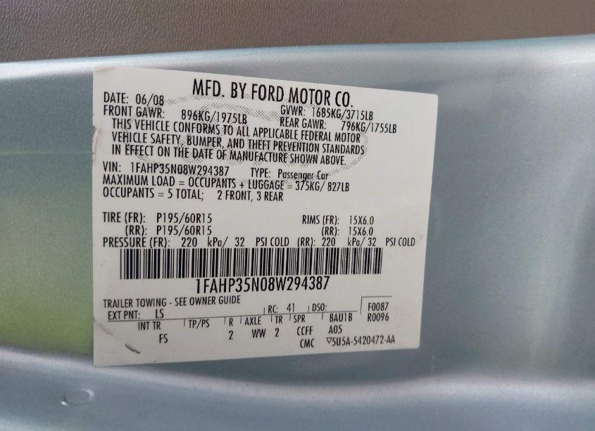 Photo 9 of 2008 Ford Focus SE (VIN 1FAHP35N08W294387)