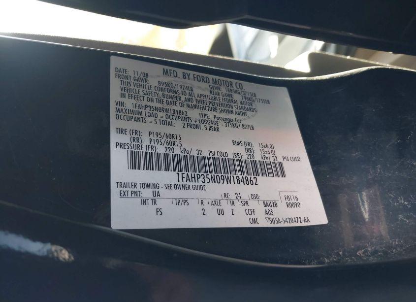 Photo 9 of 2009 Ford Focus SE (VIN 1FAHP35N09W184862)