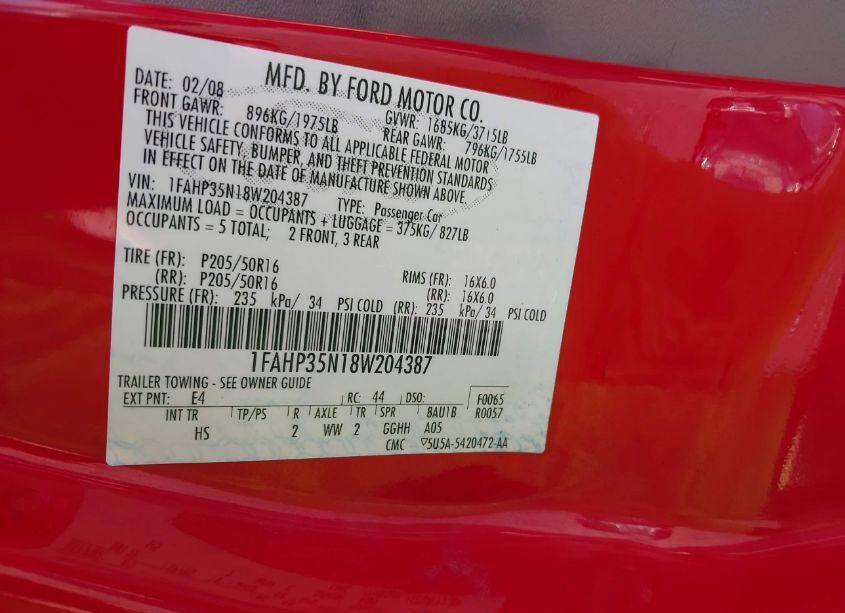 Photo 9 of 2008 Ford Focus SE/SES (VIN 1FAHP35N18W204387)