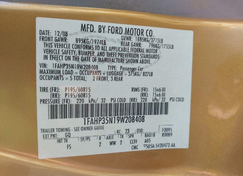 Photo 9 of 2009 Ford Focus SE (VIN 1FAHP35N19W208408)