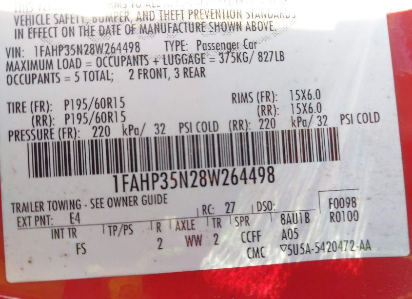 Photo 9 of 2008 Ford Focus SE/SES (VIN 1FAHP35N28W264498)