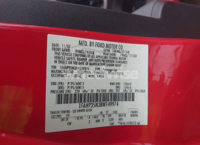 Photo 9 of 2008 Ford Focus SE/SES (VIN 1FAHP35N38W149974)