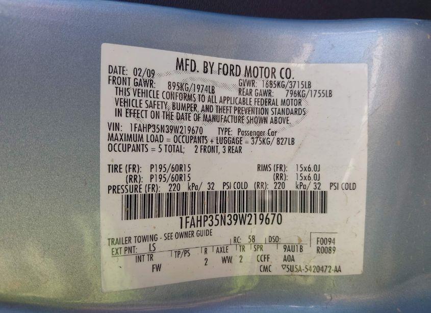 Photo 9 of 2009 Ford Focus SE (VIN 1FAHP35N39W219670)