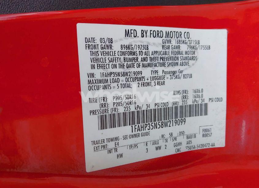 Photo 9 of 2008 Ford Focus SES (VIN 1FAHP35N58W219099)