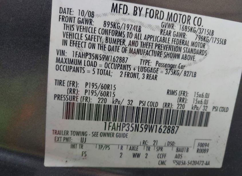 Photo 9 of 2009 Ford Focus SE (VIN 1FAHP35N59W162887)