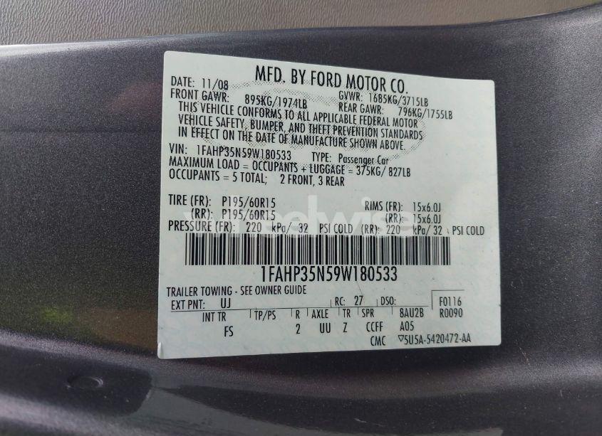 Photo 9 of 2009 Ford Focus SE (VIN 1FAHP35N59W180533)