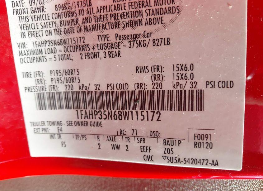 Photo 9 of 2008 Ford Focus SE/SES (VIN 1FAHP35N68W115172)