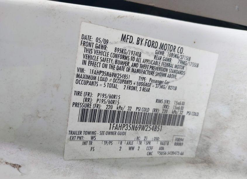 Photo 9 of 2009 Ford Focus SE (VIN 1FAHP35N69W254851)