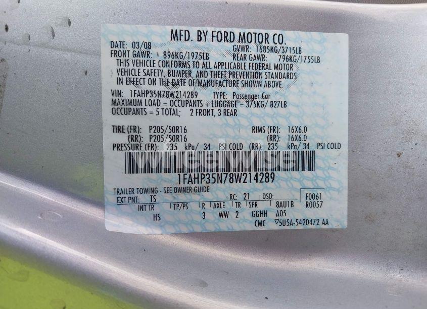 Photo 9 of 2008 Ford Focus SE/SES (VIN 1FAHP35N78W214289)