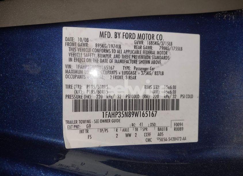 Photo 9 of 2009 Ford Focus SE (VIN 1FAHP35N89W165167)