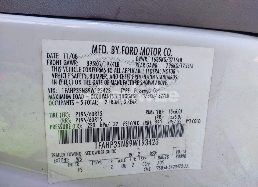 Photo 9 of 2009 Ford Focus SE (VIN 1FAHP35N89W193423)