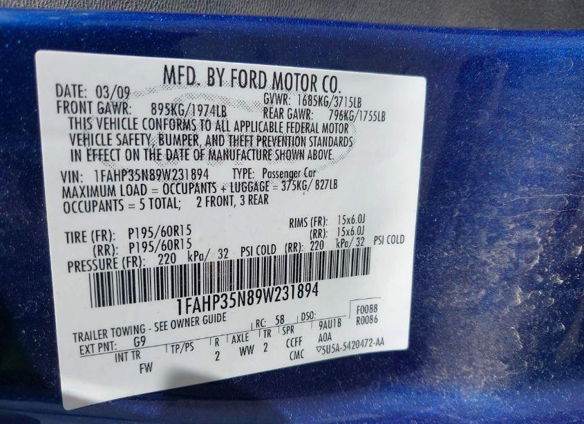 Photo 9 of 2009 Ford Focus SE (VIN 1FAHP35N89W231894)