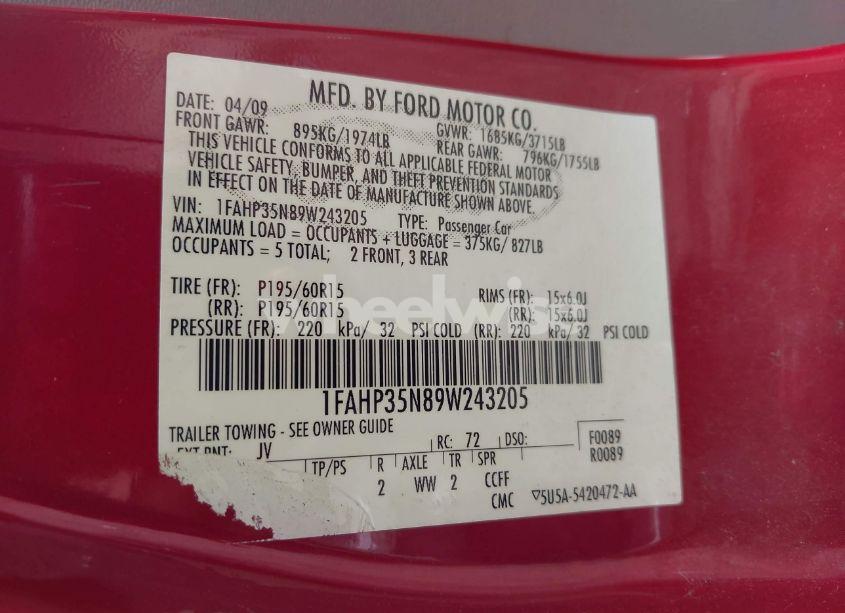 Photo 9 of 2009 Ford Focus SE (VIN 1FAHP35N89W243205)