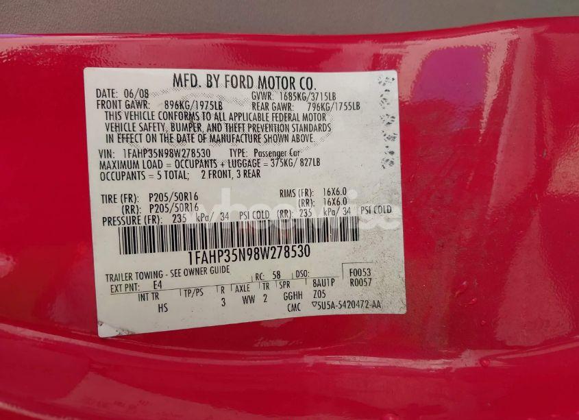 Photo 9 of 2008 Ford Focus SE/SES (VIN 1FAHP35N98W278530)