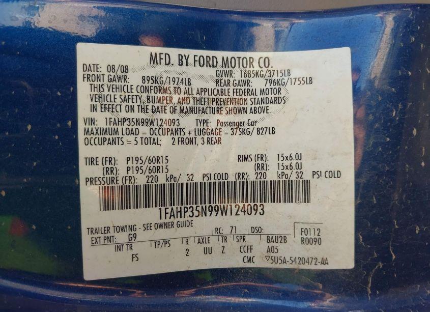 Photo 9 of 2009 Ford Focus SE (VIN 1FAHP35N99W124093)