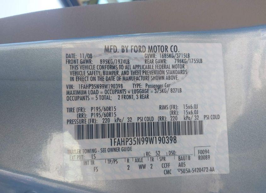 Photo 9 of 2009 Ford Focus SE (VIN 1FAHP35N99W190398)