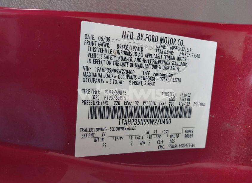 Photo 9 of 2009 Ford Focus SE (VIN 1FAHP35N99W270400)