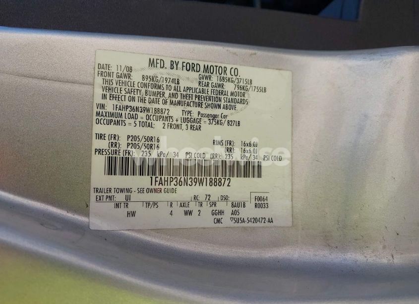 Photo 9 of 2009 Ford Focus SES (VIN 1FAHP36N39W188872)