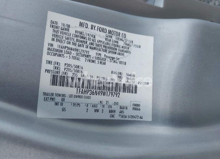 Photo 9 of 2009 Ford Focus SES (VIN 1FAHP36N49W179792)