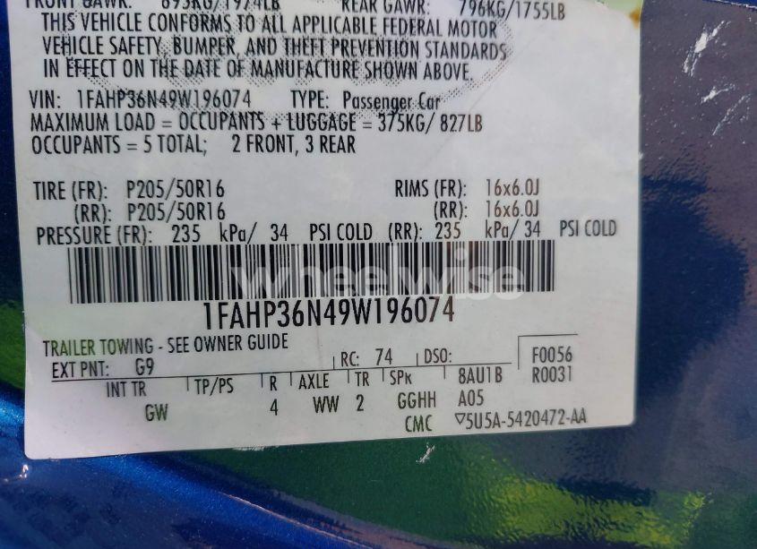 Photo 9 of 2009 Ford Focus SES (VIN 1FAHP36N49W196074)