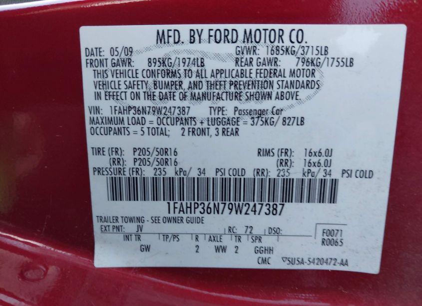 Photo 9 of 2009 Ford Focus SES (VIN 1FAHP36N79W247387)