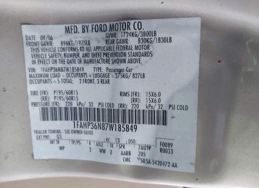 Photo 9 of 2007 Ford Focus SE/SES (VIN 1FAHP36N87W185849)