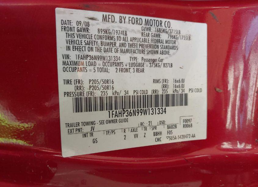 Photo 9 of 2009 Ford Focus SES (VIN 1FAHP36N99W131334)