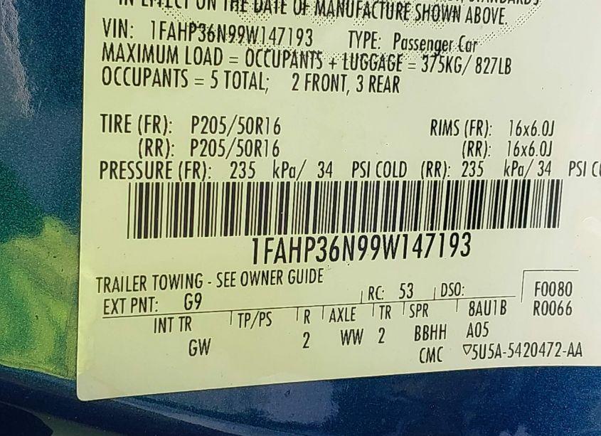 Photo 9 of 2009 Ford Focus SES (VIN 1FAHP36N99W147193)