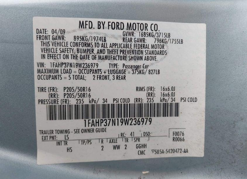 Photo 9 of 2009 Ford Focus SEL (VIN 1FAHP37N19W236979)