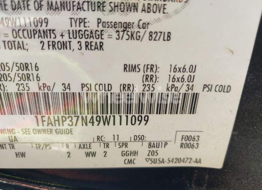 Photo 9 of 2009 Ford Focus SEL (VIN 1FAHP37N49W111099)