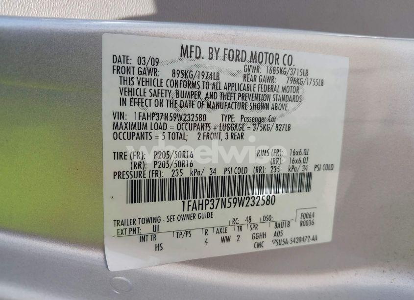 Photo 9 of 2009 Ford Focus SEL (VIN 1FAHP37N59W232580)