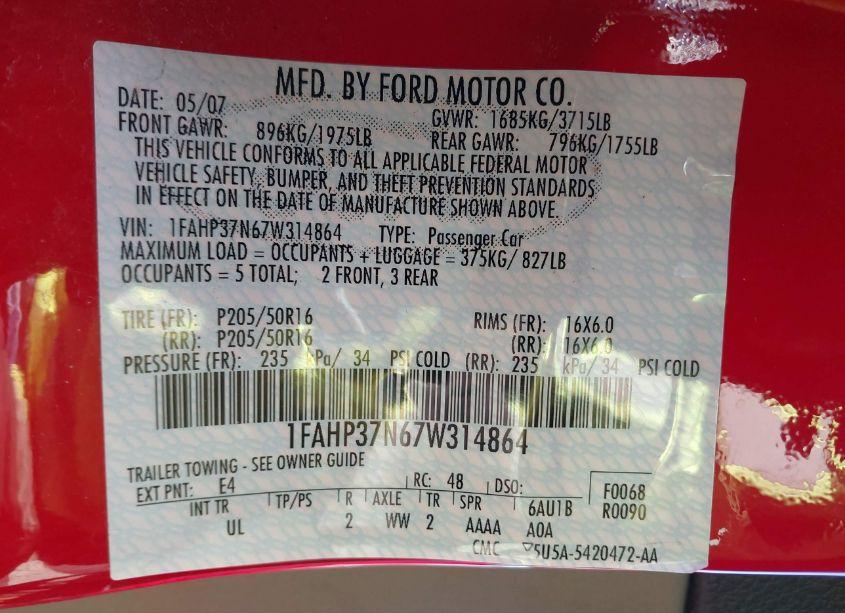 Photo 9 of 2007 Ford Focus S/SE/SES (VIN 1FAHP37N67W314864)