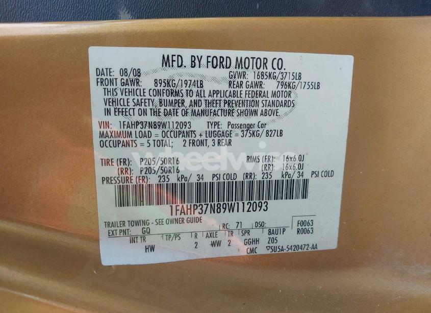 Photo 9 of 2009 Ford Focus SEL (VIN 1FAHP37N89W112093)