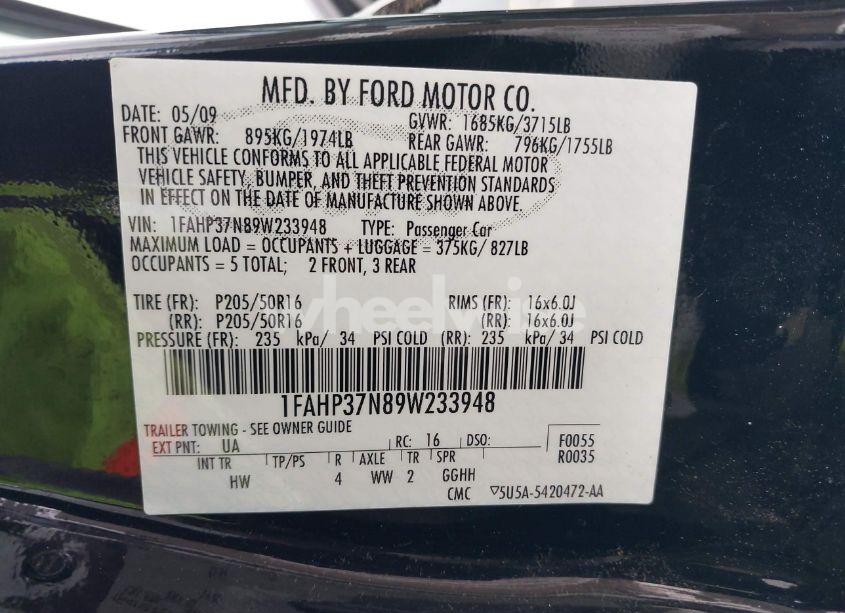 Photo 9 of 2009 Ford Focus SEL (VIN 1FAHP37N89W233948)
