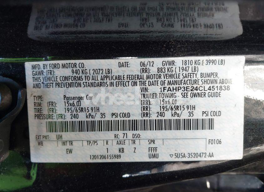 Photo 9 of 2012 Ford Focus S (VIN 1FAHP3E24CL451838)