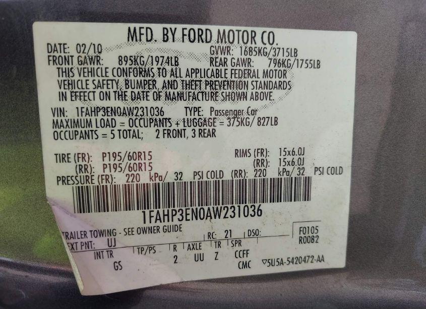 Photo 9 of 2010 Ford Focus S (VIN 1FAHP3EN0AW231036)