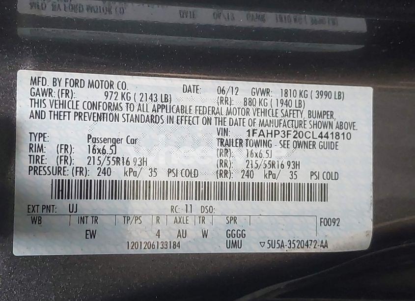 Photo 9 of 2012 Ford Focus SE (VIN 1FAHP3F20CL441810)