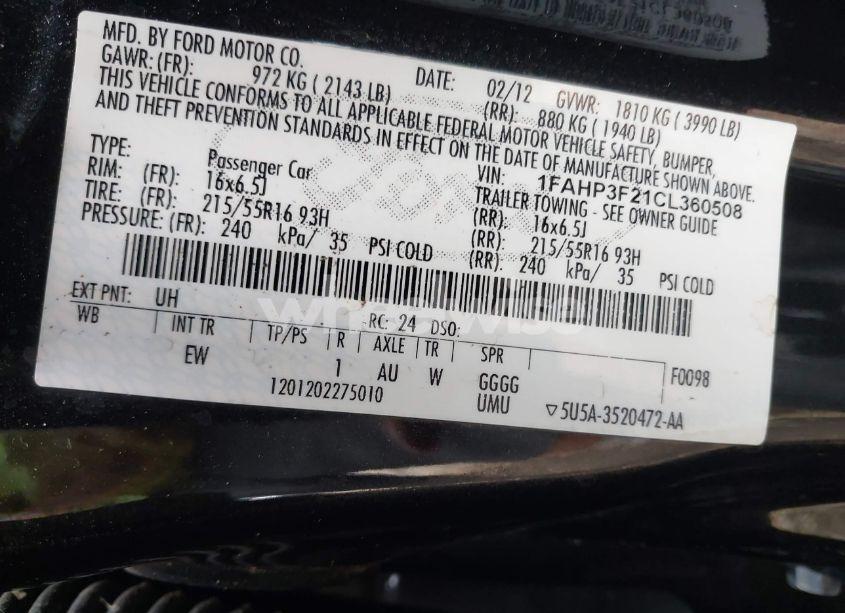 Photo 9 of 2012 Ford Focus SE (VIN 1FAHP3F21CL360508)