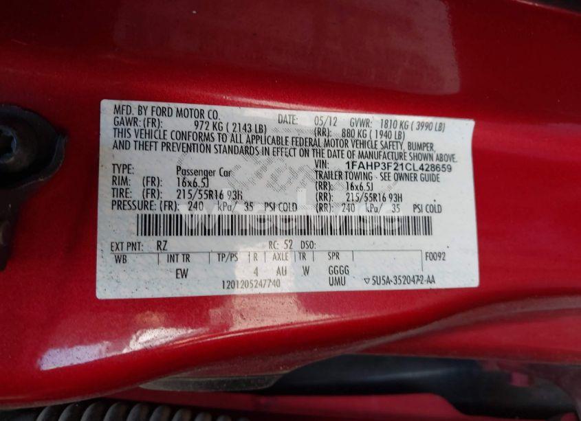 Photo 9 of 2012 Ford Focus SE (VIN 1FAHP3F21CL428659)