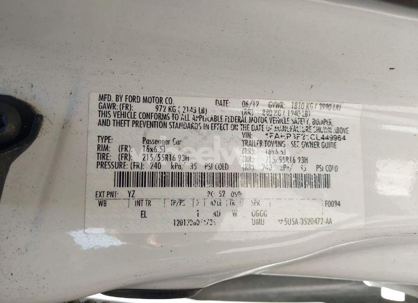 Photo 9 of 2012 Ford Focus SE (VIN 1FAHP3F21CL449964)