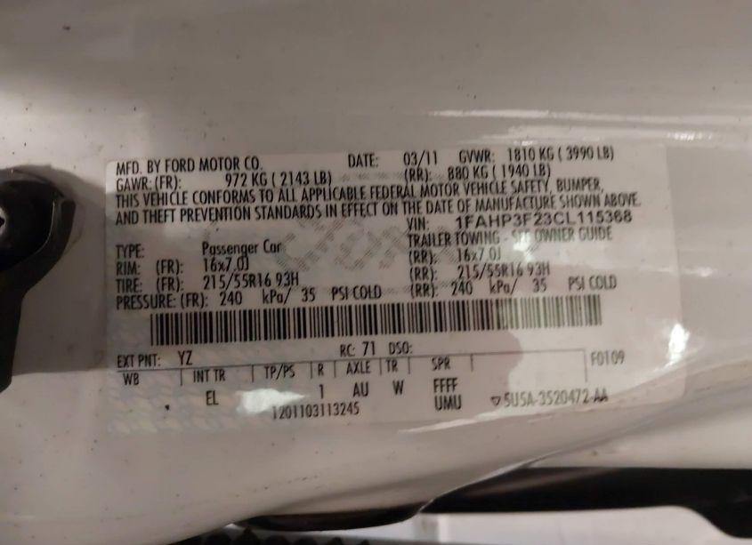 Photo 9 of 2012 Ford Focus SE (VIN 1FAHP3F23CL115368)