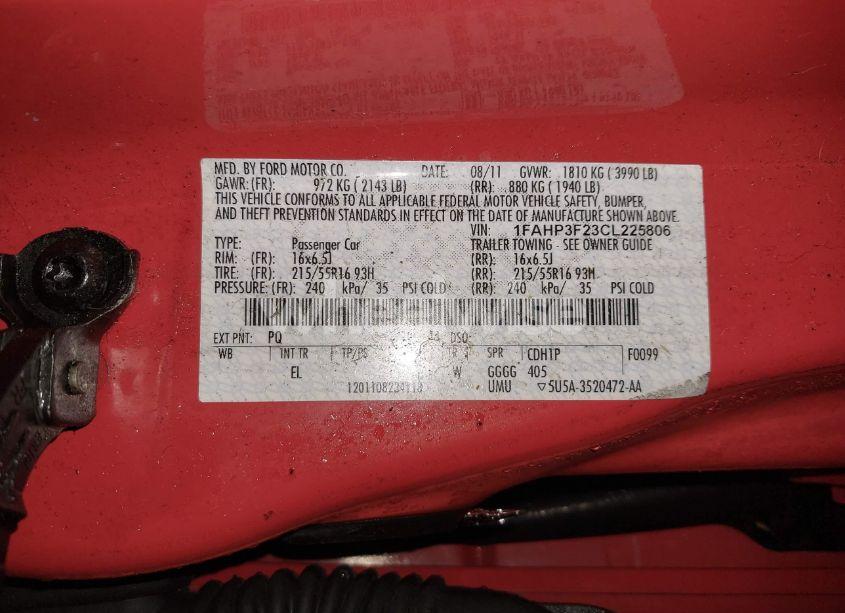 Photo 9 of 2012 Ford Focus SE (VIN 1FAHP3F23CL225806)