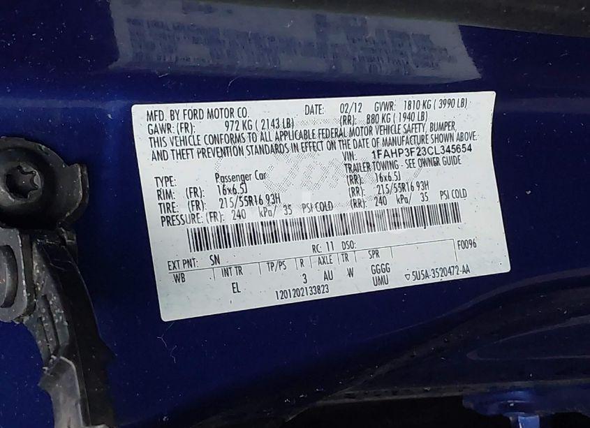 Photo 9 of 2012 Ford Focus SE (VIN 1FAHP3F23CL345654)