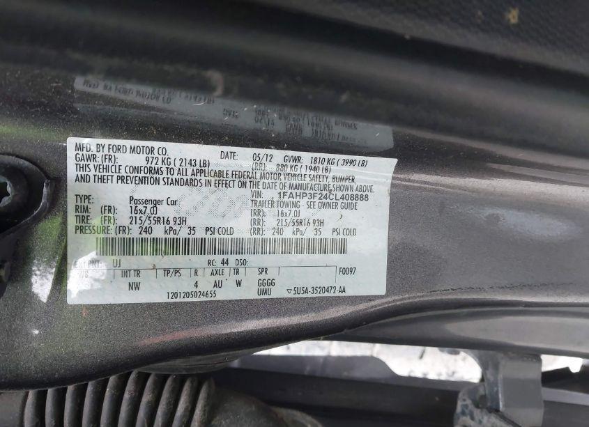 Photo 9 of 2012 Ford Focus SE (VIN 1FAHP3F24CL408888)