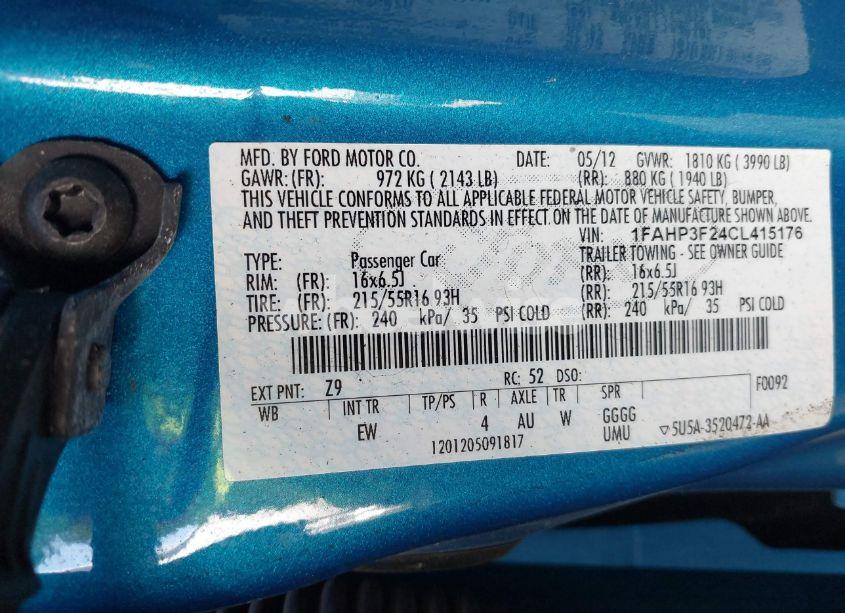 Photo 9 of 2012 Ford Focus SE (VIN 1FAHP3F24CL415176)